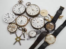 A small group of assorted pocket watches including silver and wrist watches including movements.***