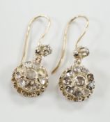 A pair of antique style yellow metal and rose cut diamond cluster set drop earrings, 24mm, gross