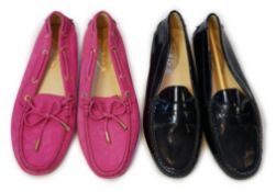 Two pairs of Tod's lady's driving shoes, one pink suede and the other dark blue patient leather,