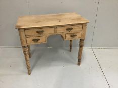 A Victorian pine kneehole side table fitted with four drawers, width 91cm, depth 52cm, height