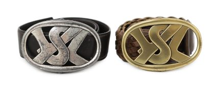 Two Yves Saint Laurent YSL logo belts, one braided tan leather with tarnished gold metalware and the