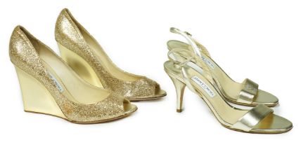 Two pairs of Jimmy Choo gold lady's heeled shoes, one sandal in gold leather and the other in
