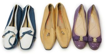 Three pairs of Salvatore Ferragamo flat lady's shoes, blue and white, mauve with fabric bow and