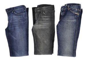 Three pairs of 7 All Mankind lady's jeans, distressed stone wash blue bootcut, washed out blue