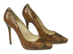 A pair of Jimmy Choo lady's snakeskin platform pumps in brown and black, 5" heels, with dust bag***