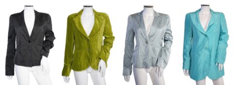 Four Emporio Armani lady's jackets, light blue silk jacket, grey satin finish jacket, black satin