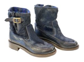 A pair of Chanel lady's navy blue leather calf hair pleated belted buckle boots, with blue tartan