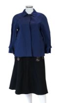 A Prada black A line wool skirt with silver embellishment on the pockets, a blue cotton canvas short