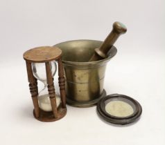A bronze pestle and mortar, an hourglass and a wax portrait of Inigo Jones, mortar 15cm high***