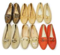 Six pairs of Tod's lady's loafer/driving shoes, variety of colours, gold, tomato, cream, light tan