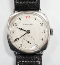 A gentleman's 1930's? stainless steel Longines manual wind wrist watch, with Arabic dial and