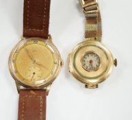 An early 20th century 18ct gold manual wind wrist watch, by Wilsdorf & Davies, on a later three