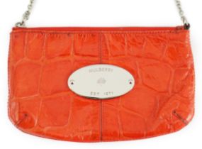 A Mulberry cherry red patent leather Charlie Pouch, silvered metalware, mock crocodile effect