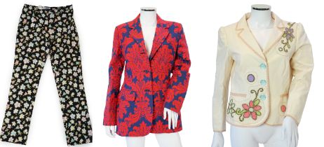A Moschino lady's long blue and red jacket, a cream cotton embellished blazer and a cotton pair of