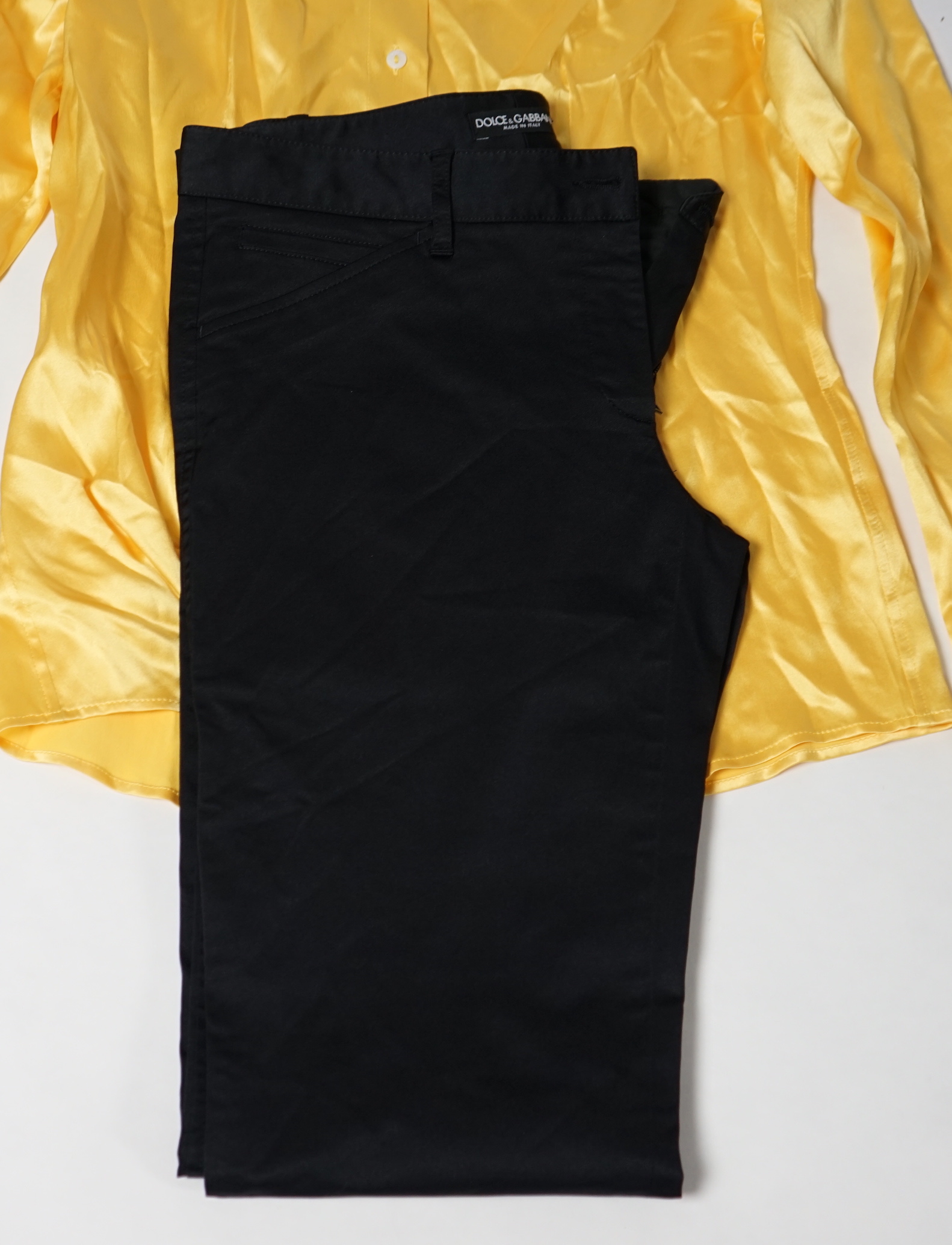 A lady's Dolce & Gabbana yellow silk blouse and a pair of black satin jeans. Blouse size 44 Trousers - Image 3 of 4