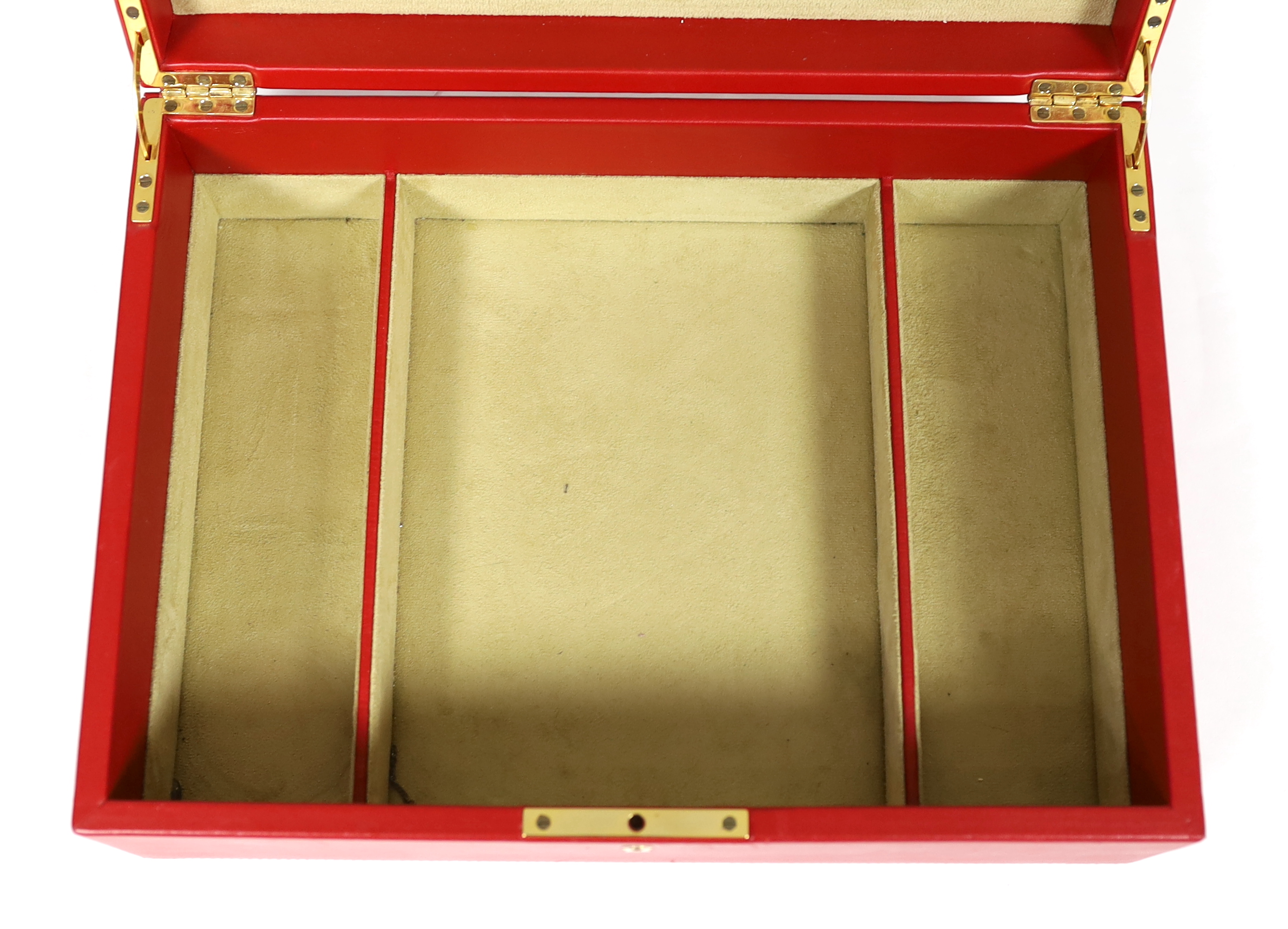 A Fabergé cased red leather jewellery box, width 33cm***CONDITION REPORT***Looks to have had only - Image 4 of 6