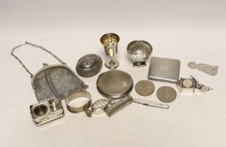 Sundry small silver and white metal items including two silver compacts, penknife, pedestal salt,
