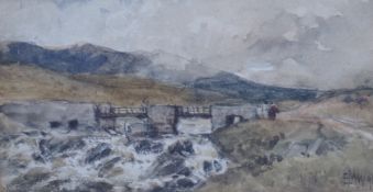 Edmund Morison Wimperis (1835-1900), watercolour, Highland river with bridge and distant hills,