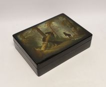 * * A Russian lacquer rectangular box, by Fedoskino, painted with the scene ‘morning in the