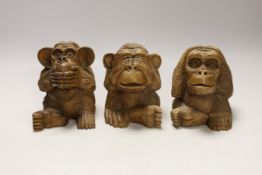 Three carved wood monkeys - hear no evil, see no evil and speak no evil, 10cm tall***CONDITION
