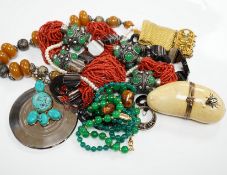 Assorted costume and other jewellery including tortoiseshell and pique drop earrings, agate