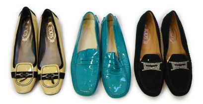 Three pairs of Tod's lady's flat shoes, turquoise patent leather, light yellow patient leather