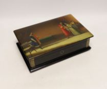 * * A large Russian lacquer box, by Lukutin, pre-1917, painted with a nobleman and guest in an