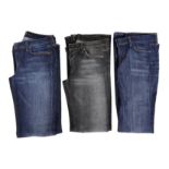 Three pairs of 7 All Mankind lady's jeans two pairs of washed out blue denim and one grey/black