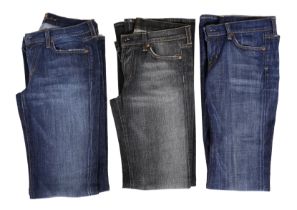 Three pairs of 7 All Mankind lady's jeans two pairs of washed out blue denim and one grey/black