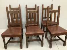 A set of six early 20th century oak dining chairs with leatherette seats, width 46cm, height