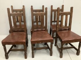 A set of six early 20th century oak dining chairs with leatherette seats, width 46cm, height