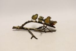 An Austrian cold painted bronze group of four birds on a branch, stamped Geschutz, 19cm long***