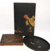 A Japanese lacquer box, small oval tray and a panel, 39.5 x 24.5cm***CONDITION REPORT***PLEASE