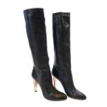 Two pairs of Jimmy Choo black leather heeled lady's boots, one short patent leather and the other