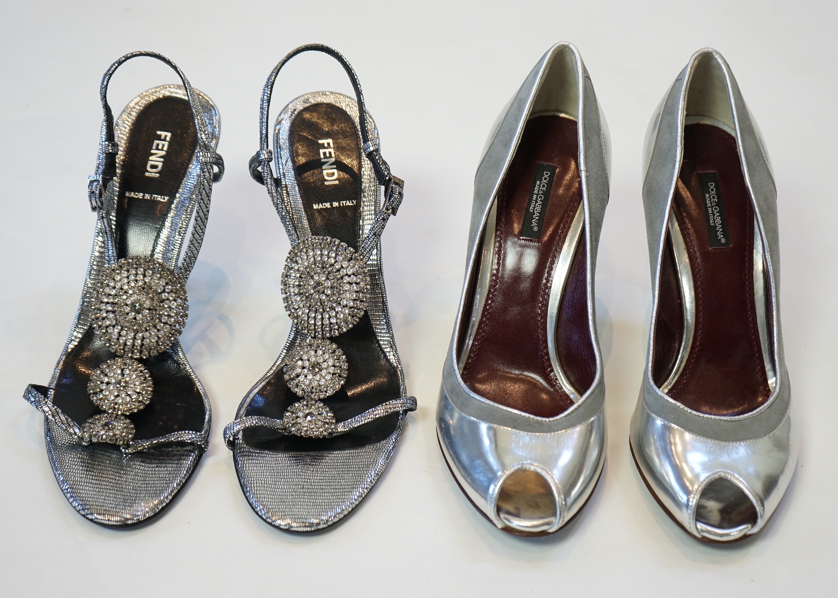 A pair of Fendi lady's metallic silver sandals with three diamante circle detail and a pair of Dolce - Image 2 of 9