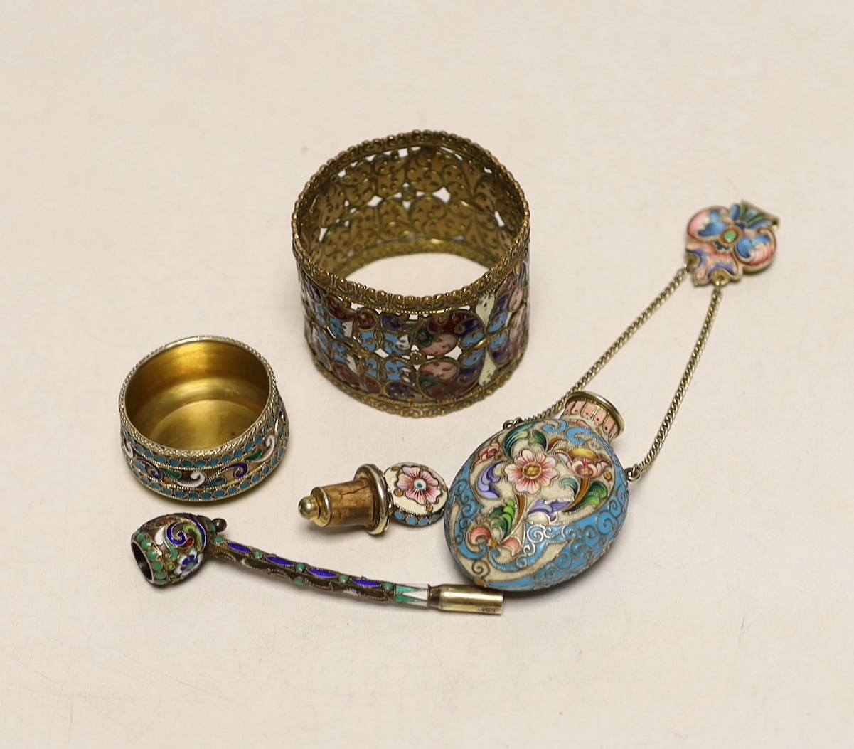 A late 19th/early 20th century Russian gilt 84 zolotnik and polychrome enamel pipe, 73mm, similar