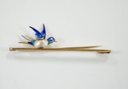 A yellow metal, baroque pearl and enamel bluebird bar brooch, 48mm, gross weight 3.1 grams.***