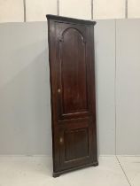 A George III free standing oak corner cupboard, with fielded panelled doors and shelved interior,