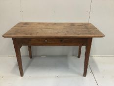 A 19th century French oak and fruitwood kitchen table with frieze drawer, width 132cm, depth 69cm,