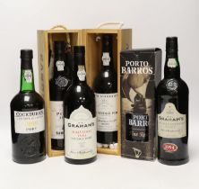 Six bottles of port, including Graham’s Malvedos 1984 vintage, Graham’s LBV 1994, Cockburn’s LBV