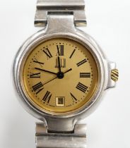 A lady's 1970's stainless steel Dunhill quartz wrist watch, with centre seconds and date aperture