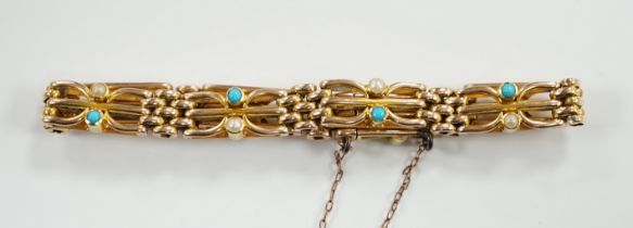 An Edwardian 15ct, turquoise and seed pearl set gate link bracelet, 18cm, gross weight 16.7
