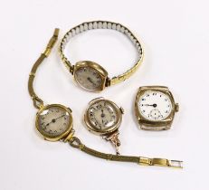 A lady's 18ct gold manual wind wrist watch on a twin fabric strap and three similar 9ct gold wrist