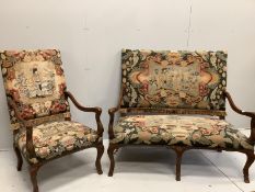 An 18th century style French upholstered walnut settee, length 116cm, width 66cm, height 112cm