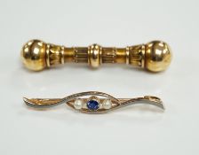 A Victorian yellow metal 'dumbbell' bar brooch, with engraved inscription dated 1862, 56mm and a