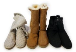 Three pairs of lady's low/mid height UGG sheepskin boots with side button design, in tan, black