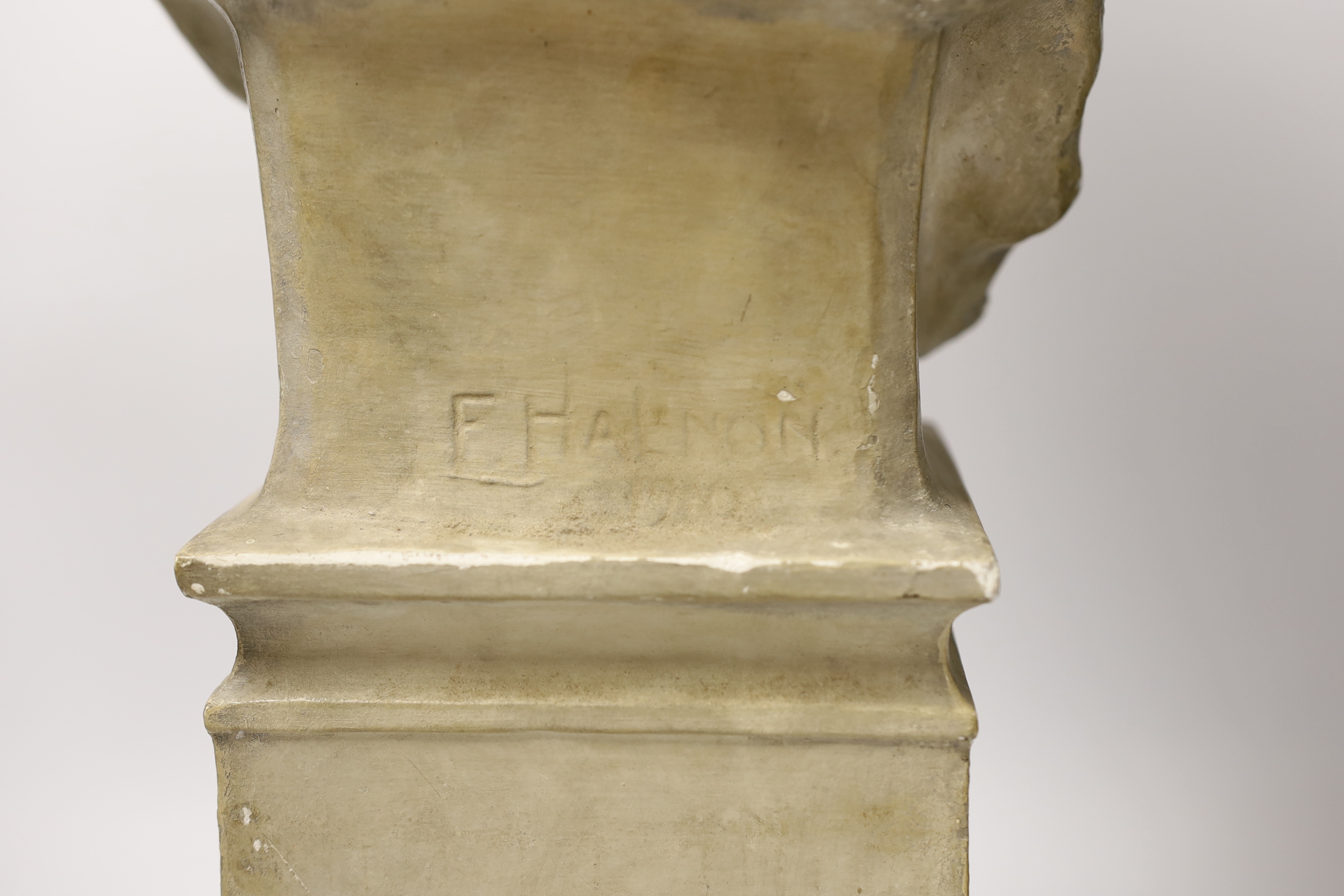 A plaster bust of a woman’s head on a square pedestal, 58cm***CONDITION REPORT***PLEASE NOTE:- - Image 3 of 3