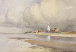 Percy Buckman RMS, (British 1865-1935), watercolour, Estuary with windmill, signed, 17 x 24cm***