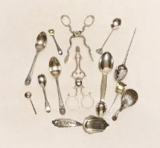 A small quantity of assorted silver flatware etc. including spoons, caddy spoon, condiment spoons,