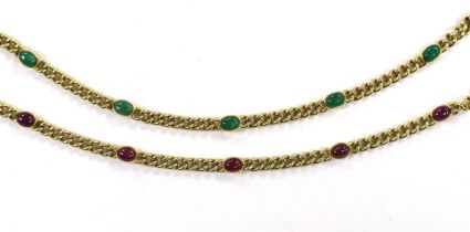 A 750 yellow metal and five stone cabochon ruby set curb link bracelet, 19.5cm and a similar